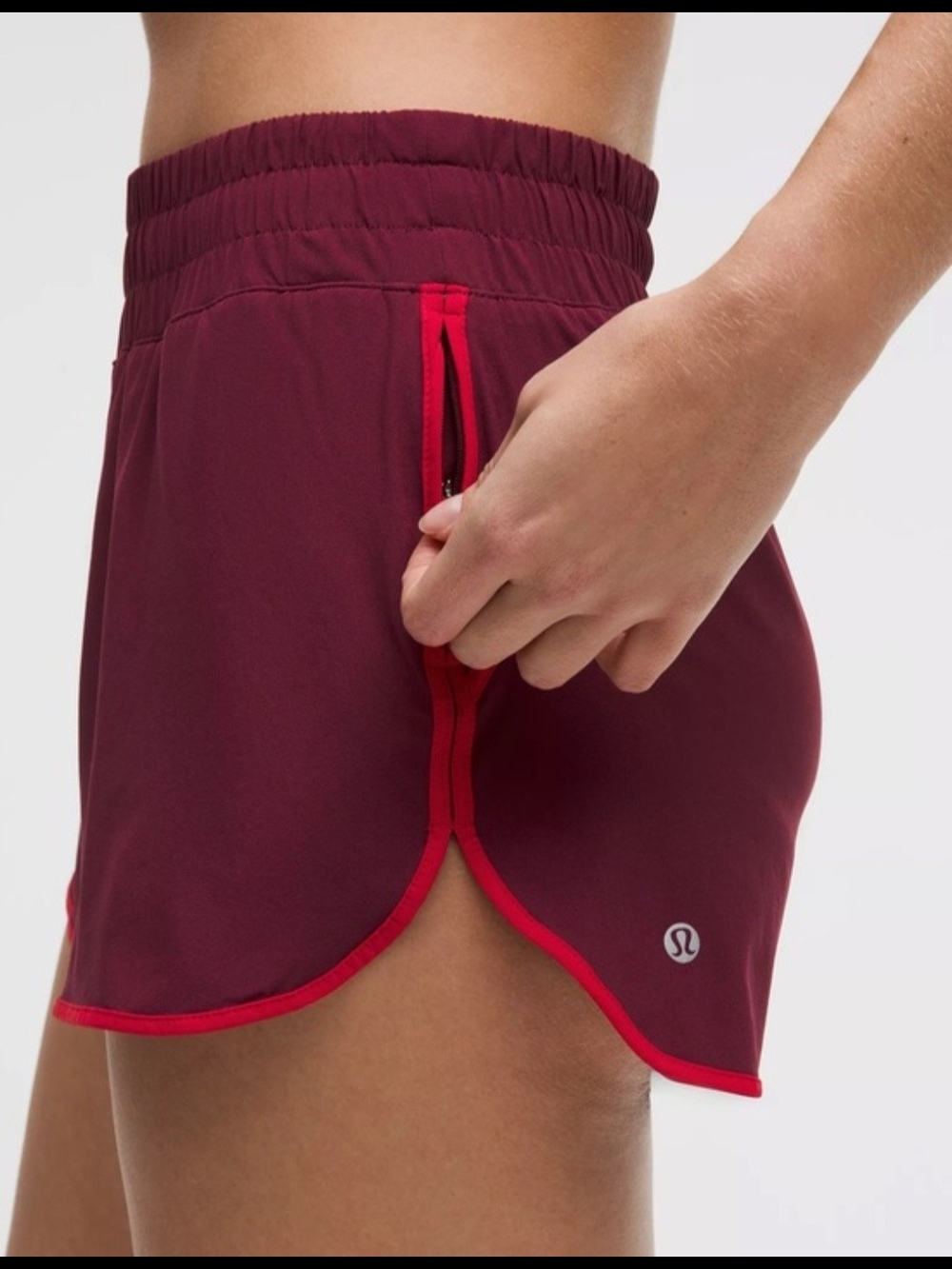 Lululemon High Rise Running Short Burgundy Bay Toxic Red Trim Built In Liner